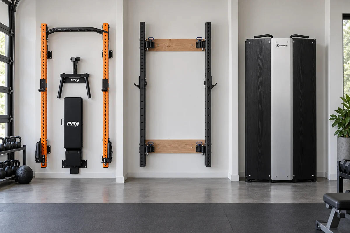Side-by-side folded and open mechanisms of a lift-up rack, hinge-back wall rack, and folding-door cable trainer