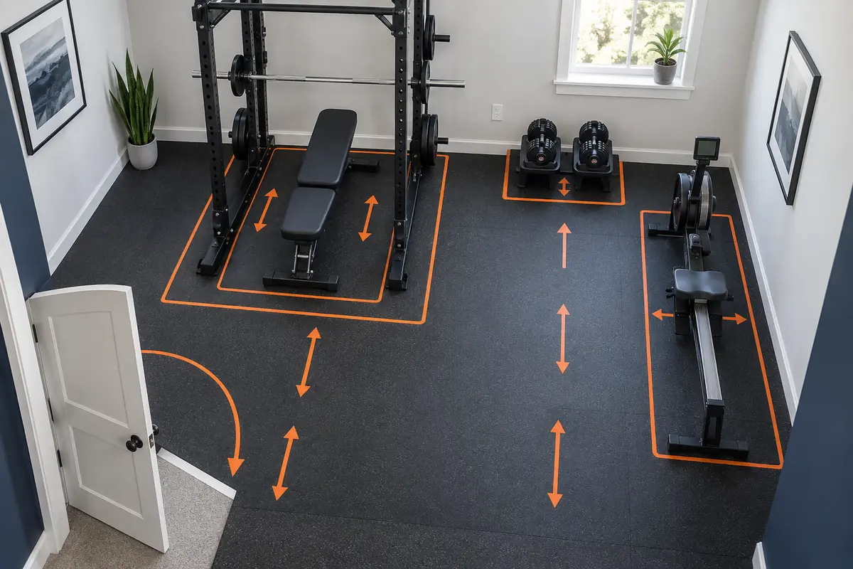 Measured home gym layout showing equipment footprints and safe clearance zones