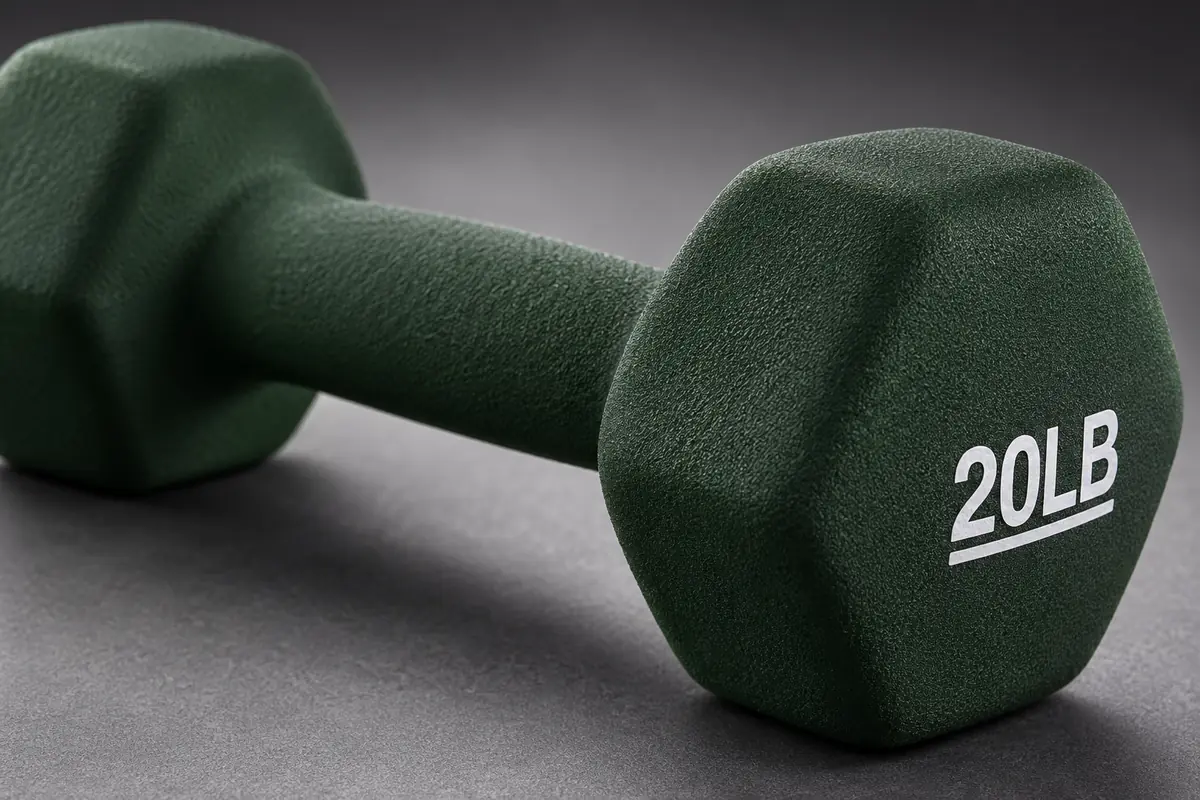 Close-up of neoprene dumbbell coating handle and hexagonal end