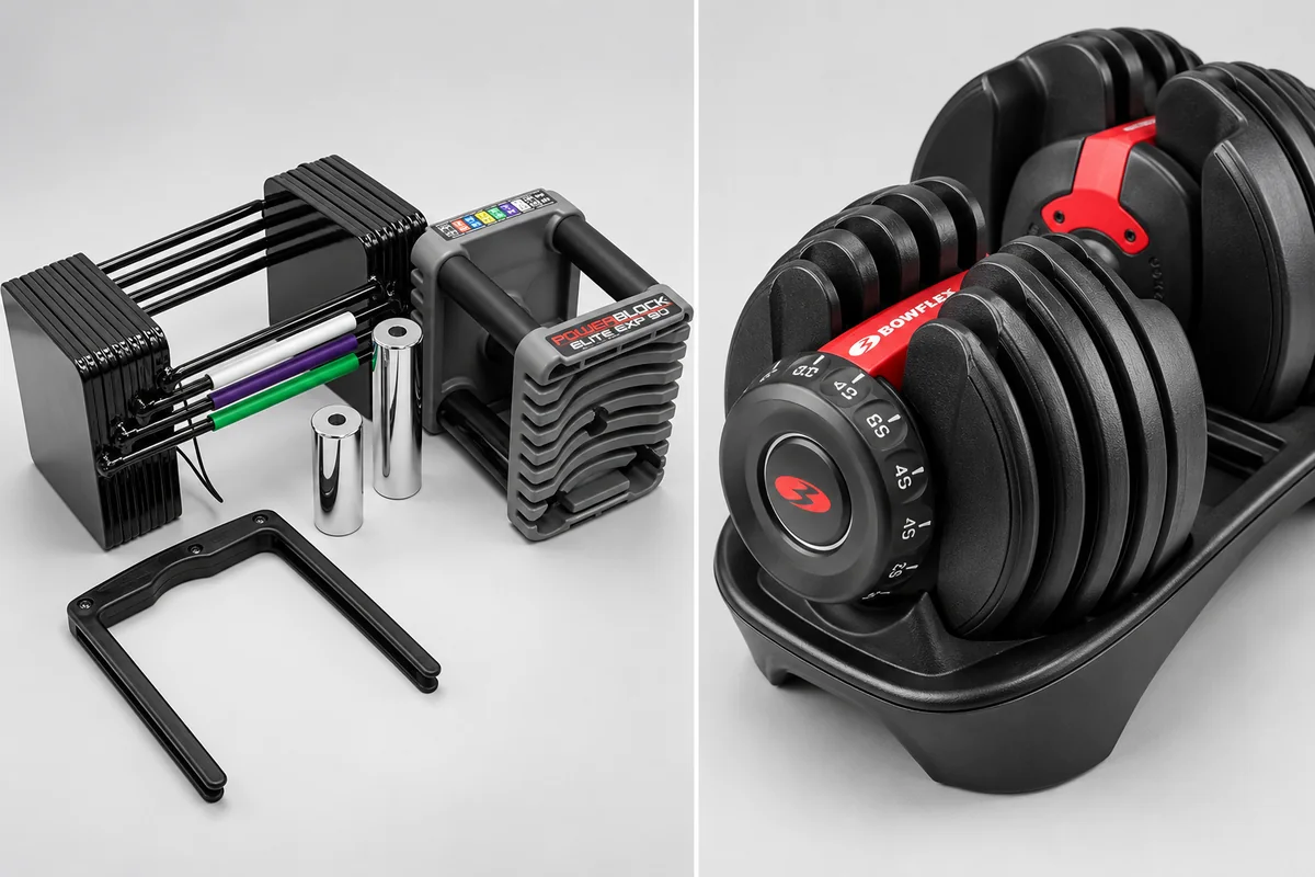 PowerBlock Elite EXP selector pin and micro weights beside the adjustment dials on a legacy BowFlex SelectTech 552