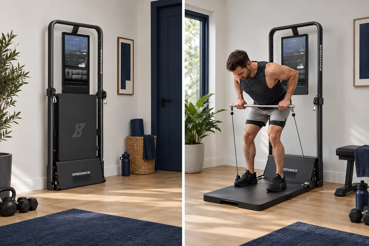 Speediance Gym Monster 3 folded and open in a compact spare-room gym