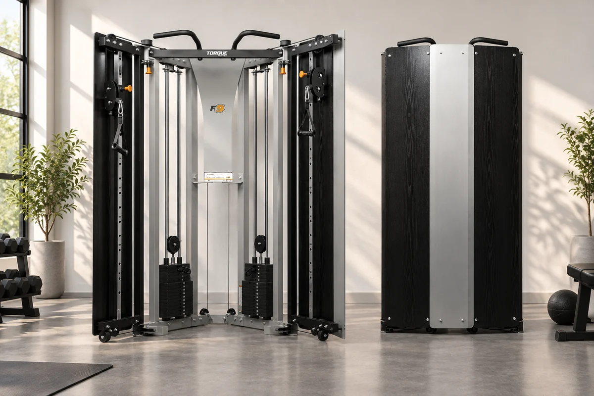 Torque Free-Standing F9 functional trainer with cabinet doors open for cables and closed for storage