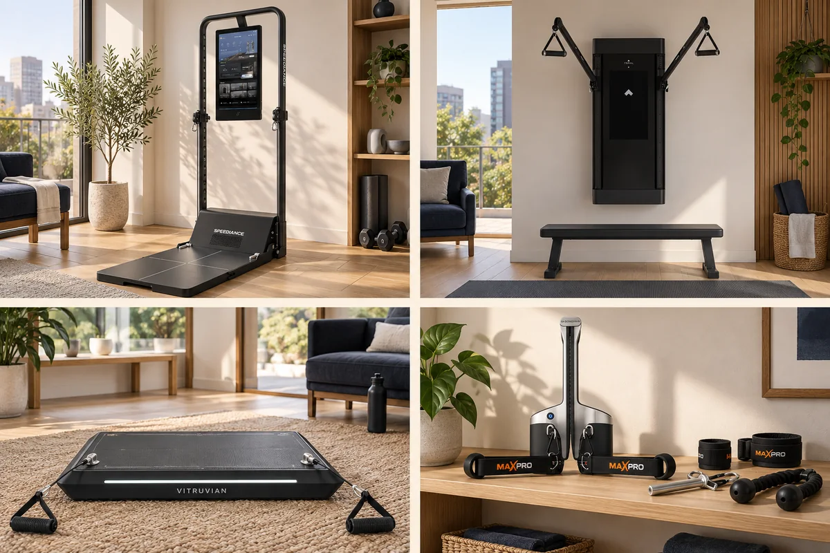 Folding digital trainer, wall-mounted cable system, low-profile platform, and portable cable gym shown side by side