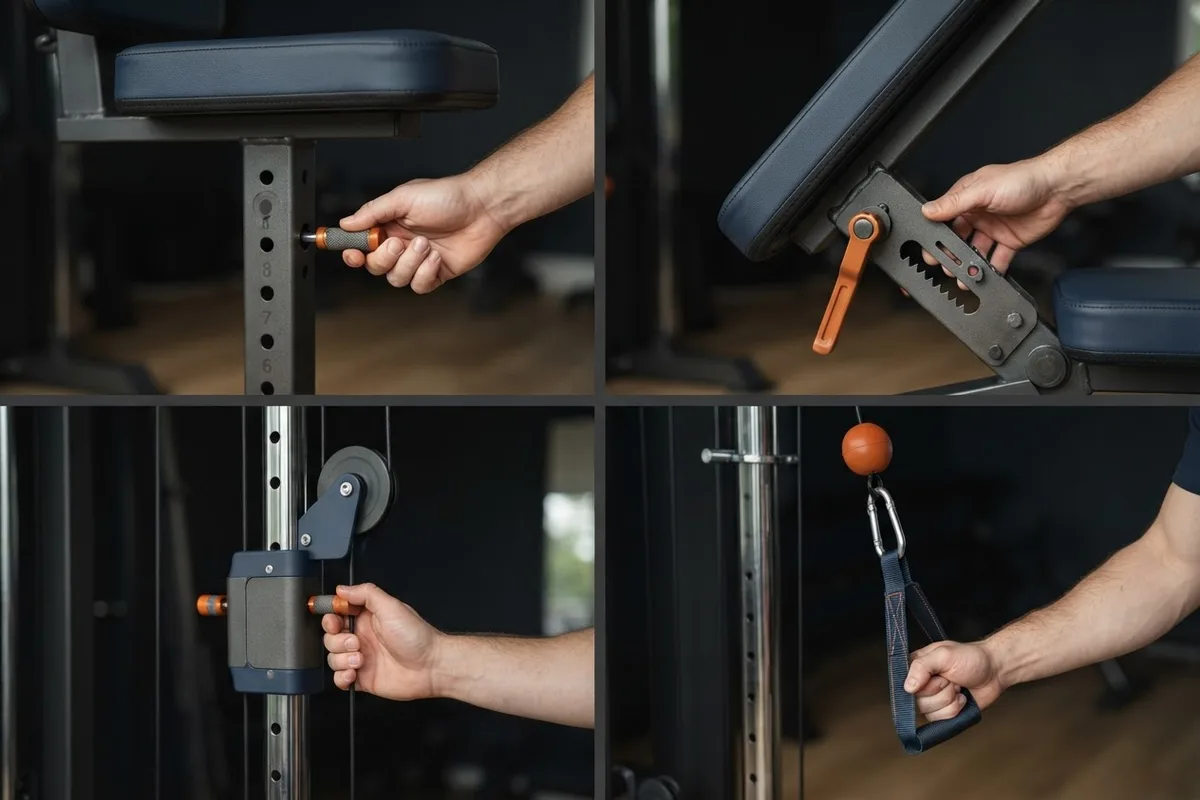 Adjustable seat pads pulleys and handles on an all-in-one home gym
