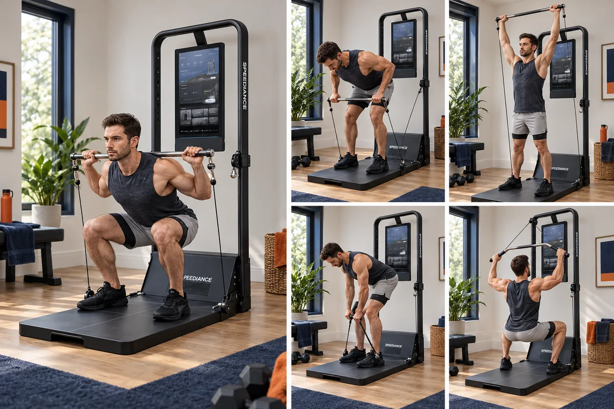 Person checking squat, row, press, hinge, and pulldown positions on a compact cable trainer