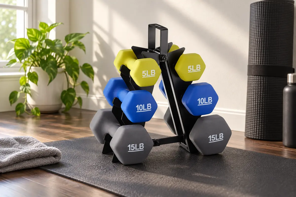 Compact neoprene dumbbell rack in a small home workout area