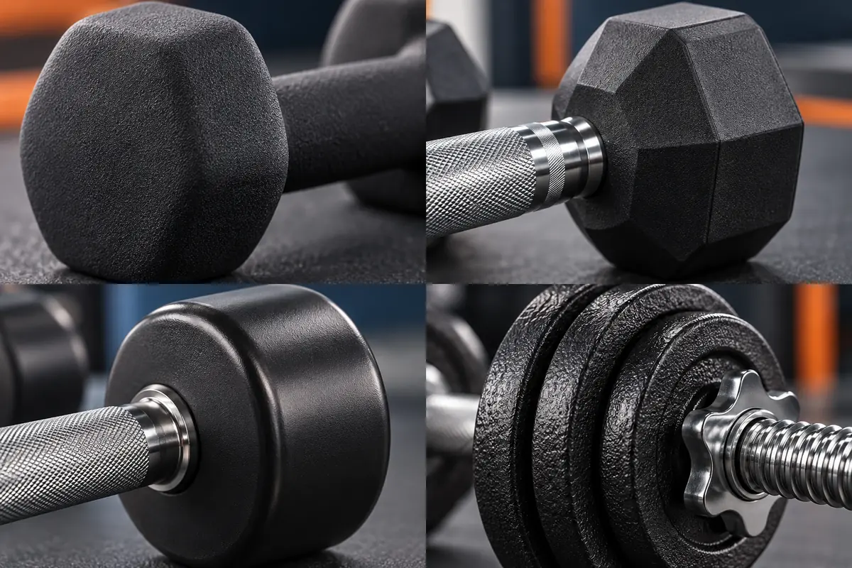 Close-up comparison of dumbbell head materials and handle textures