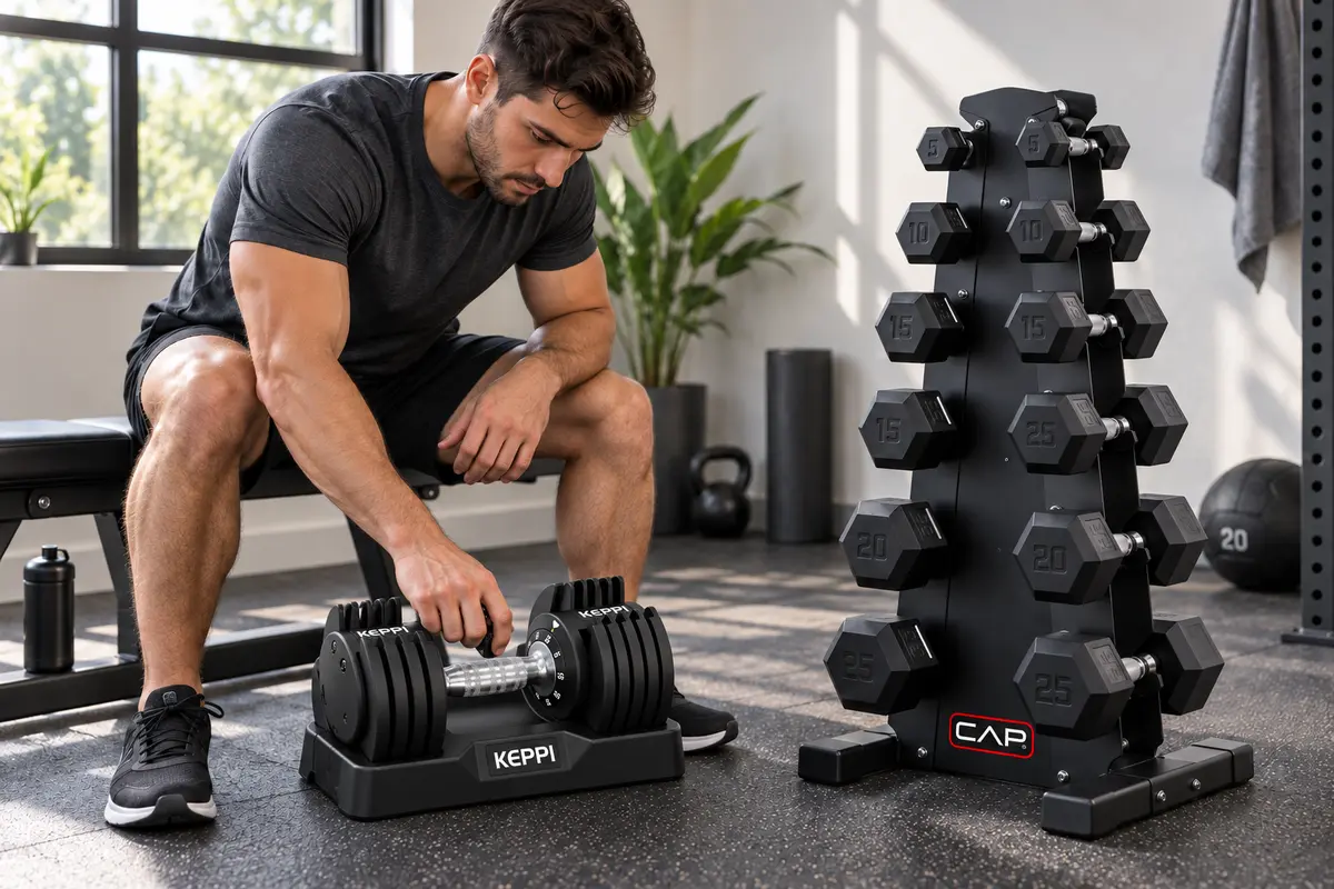 Lifter changing weights with adjustable dumbbells beside ready-to-use fixed pairs