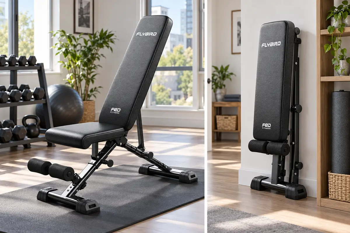 FLYBIRD WB5 folding weight bench shown open and folded for storage