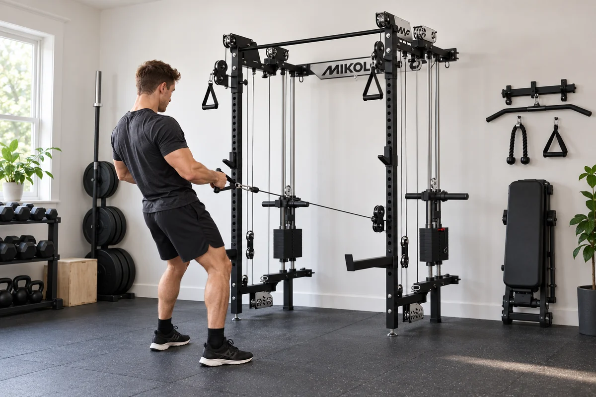 Foldable home gym set up for squat, hinge, press, row, and vertical pull with attachment storage visible