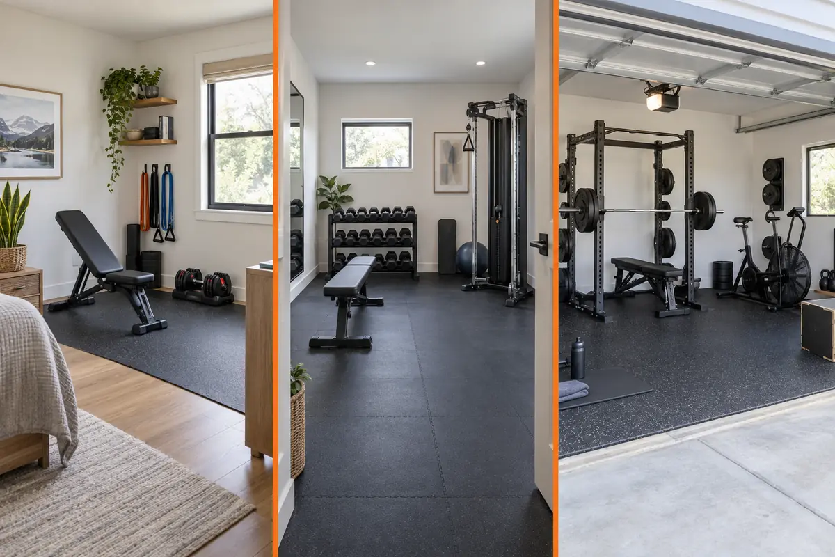 Home gym equipment layouts for a small room garage and basement