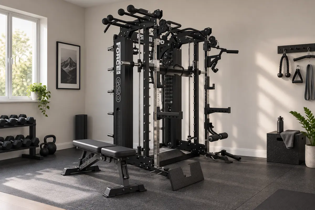 Compact all-in-one home gym system in a small workout room