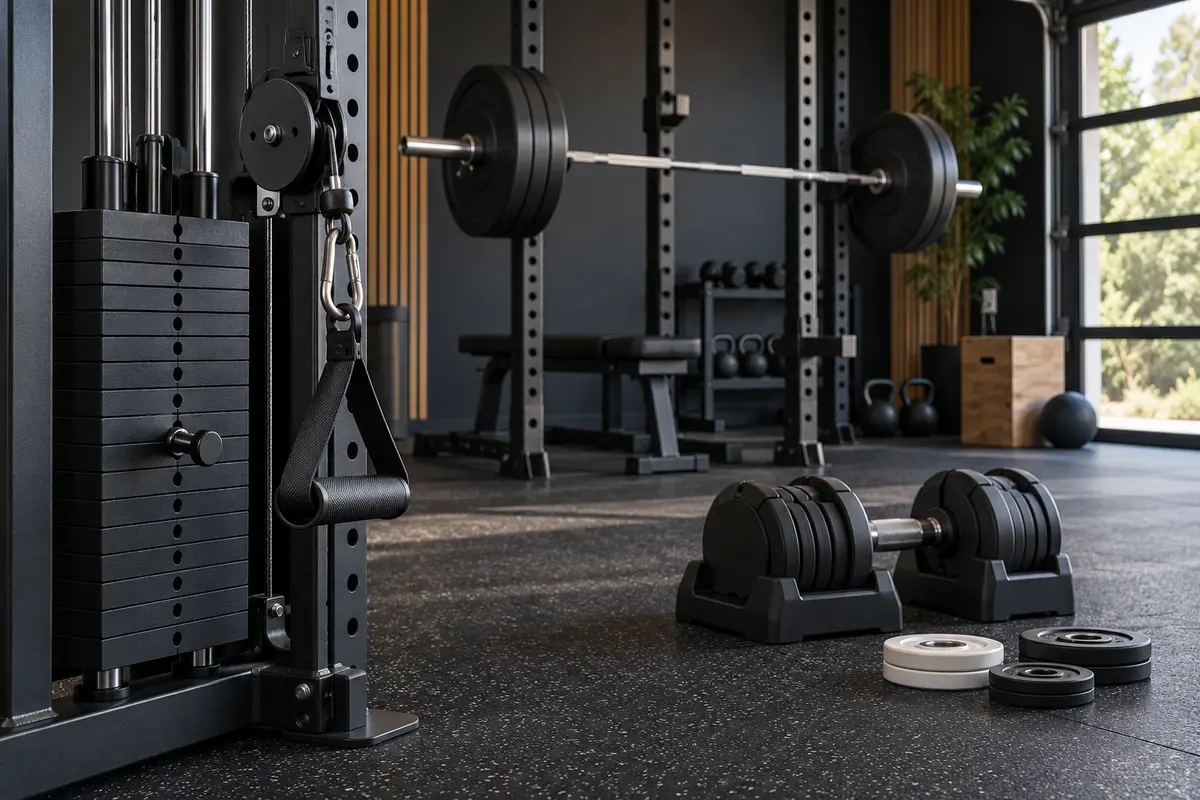 Selectorized weight stack, cable ratio, barbell plates, and adjustable dumbbells used for progression