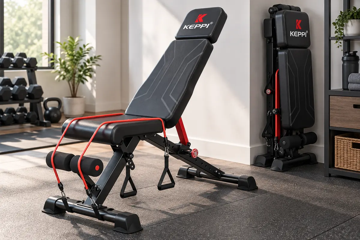 Keppi Bench500 adjustable folding bench in a compact apartment workout area
