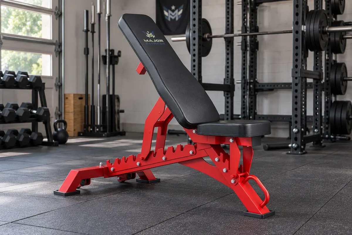 Major Fitness PLT01 adjustable bench positioned beside a home power rack