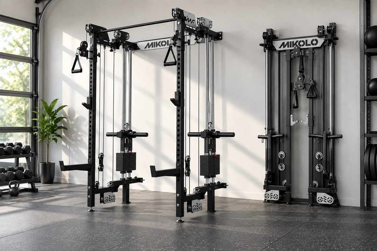 MIKOLO CHEETAH 2.0 Elite wall-mounted folding functional trainer open with pulleys and folded against the wall