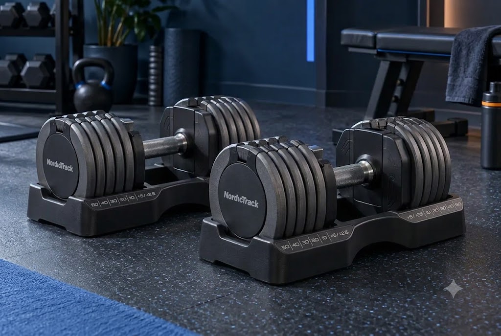 NordicTrack Select-A-Weight 55 pound dumbbells with top selectors and storage trays