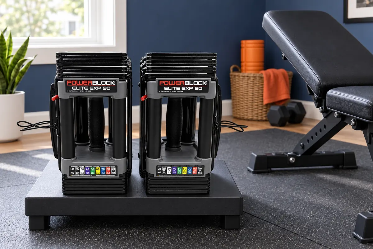 PowerBlock Elite EXP adjustable dumbbells with selector pin and expansion weight blocks