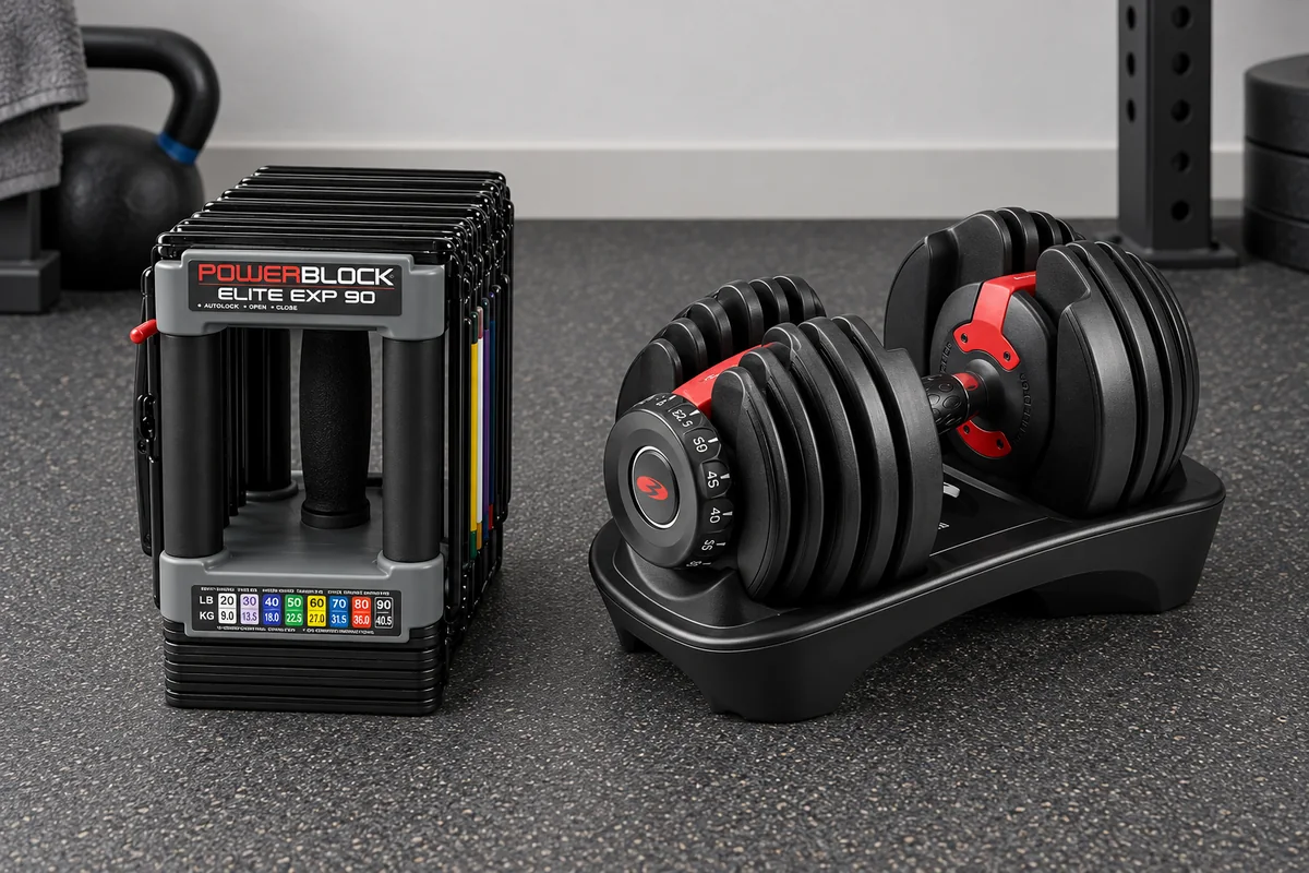 PowerBlock Elite EXP and legacy BowFlex SelectTech 552 resting side by side to compare their storage footprints