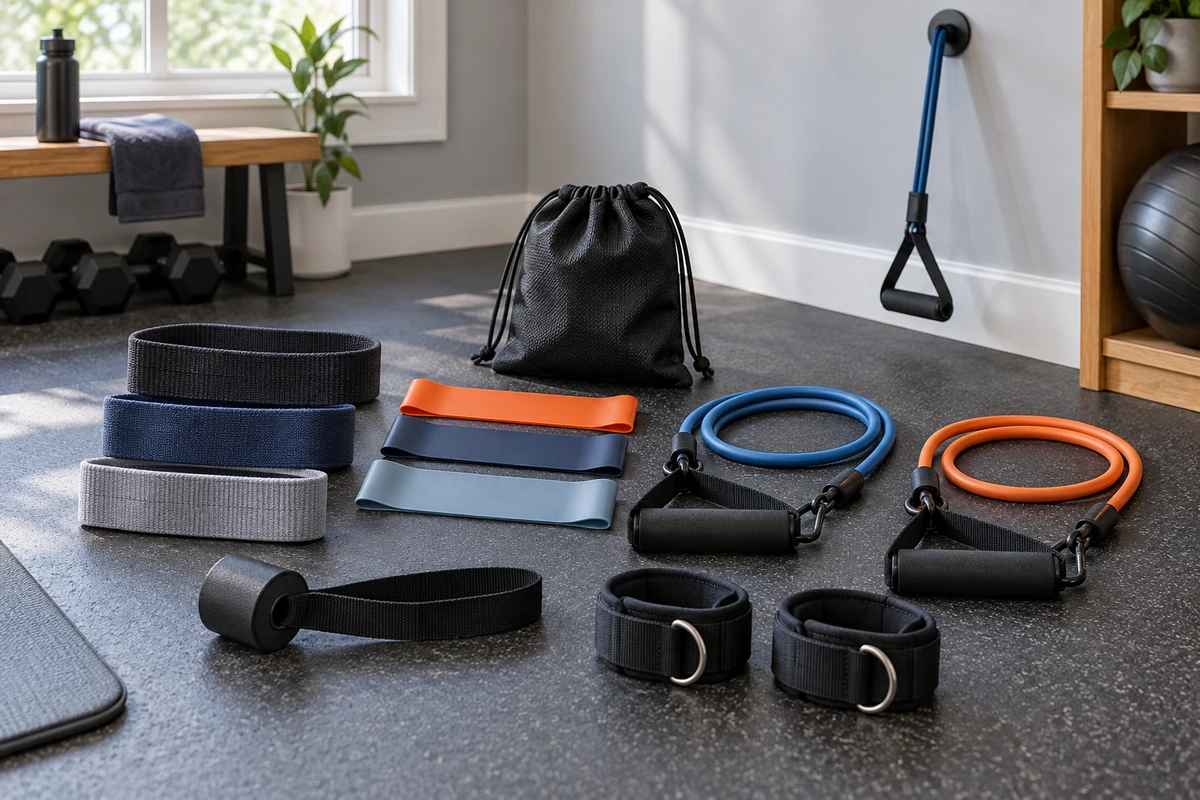 Resistance bands with handles, anchors, and storage bag arranged for beginner strength training