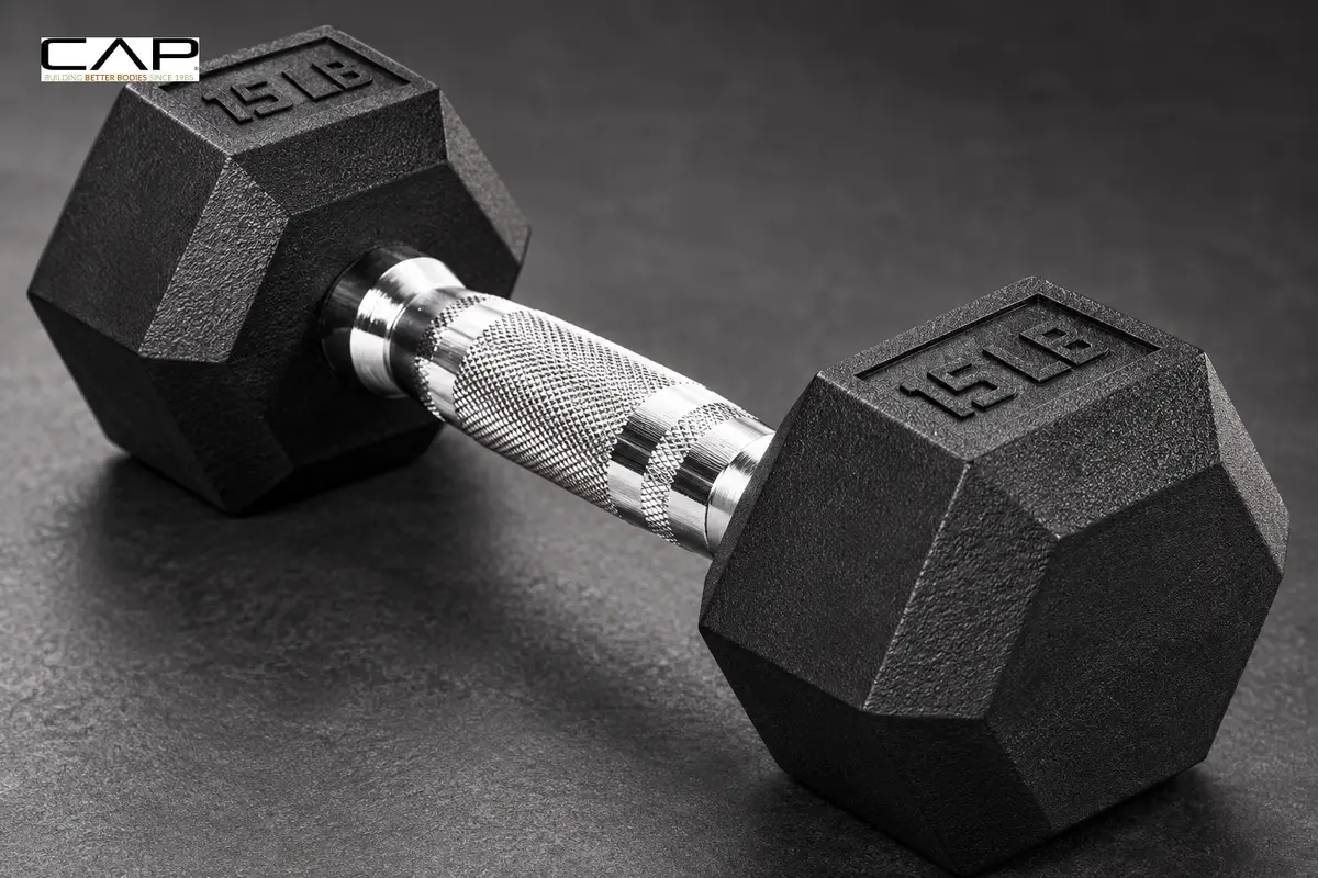 Close-up of a CAP textured dumbbell handle and rubber-coated hex head