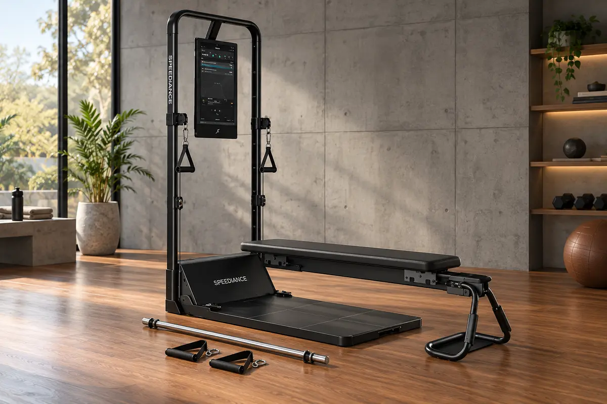 Speediance Gym Monster 2 smart home gym with screen, bench, and digital cable system