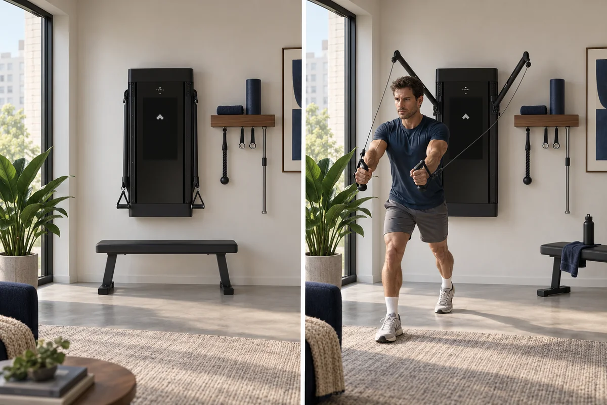 Tonal 2 wall-mounted smart gym with folded arms and clear workout area