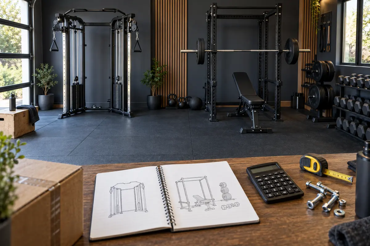 Home gym budget plan comparing machine purchase with modular free-weight expansion