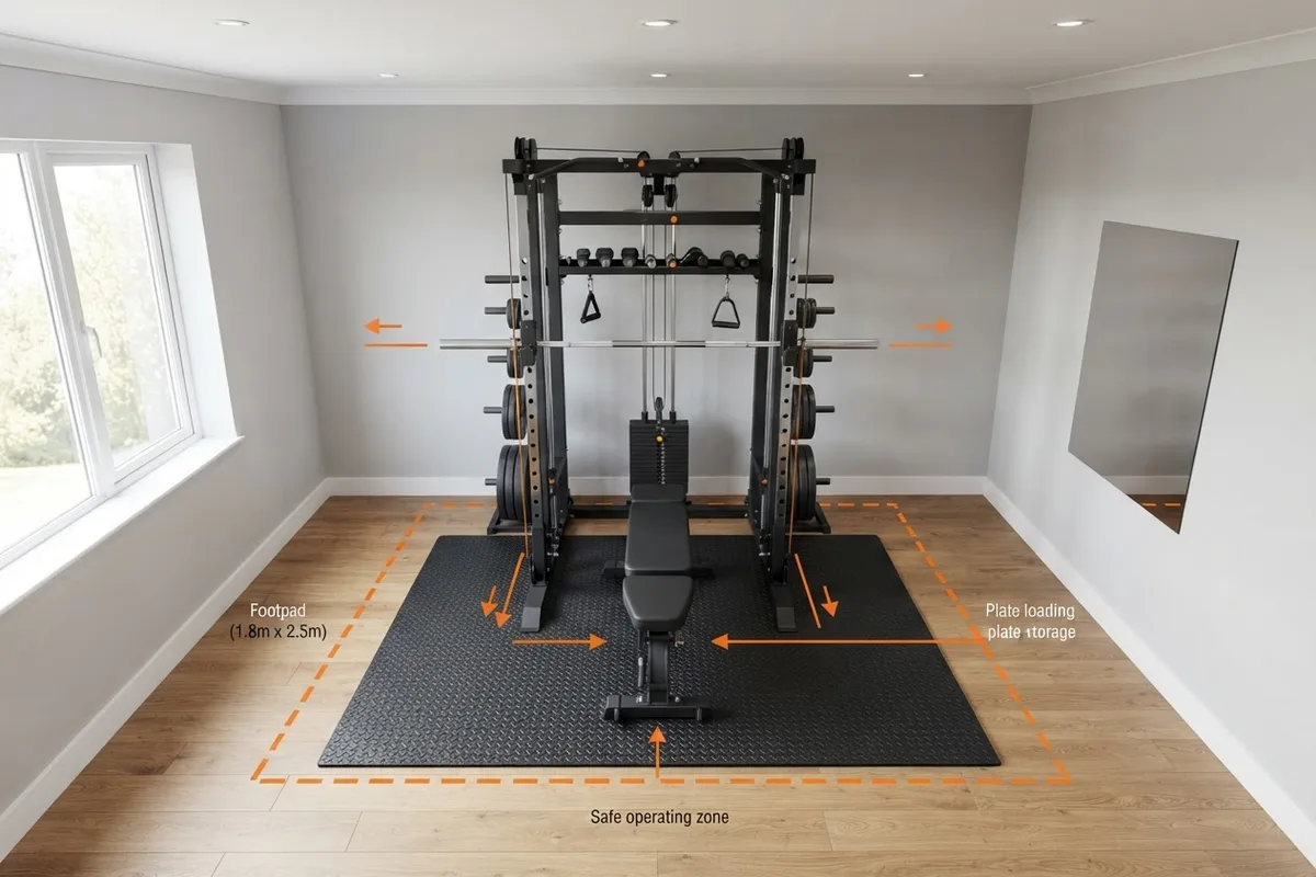 All-in-one home gym floor plan with operating and loading clearances