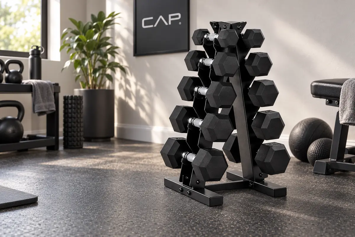 CAP A-frame dumbbell rack positioned with safe access space in a compact home gym