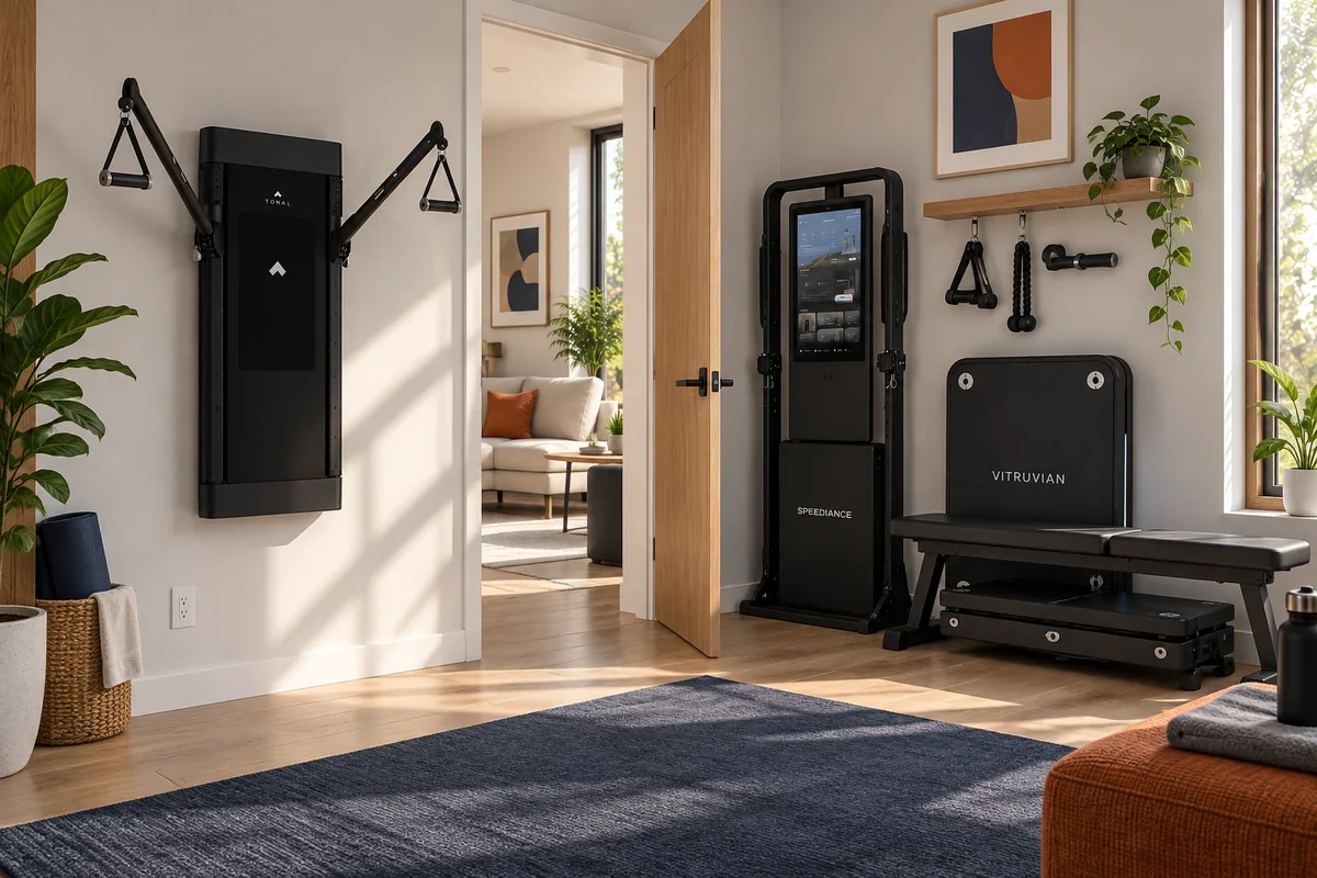 Small gym room showing wall, outlet, doorway, floor mat, folded machine, and stored bench