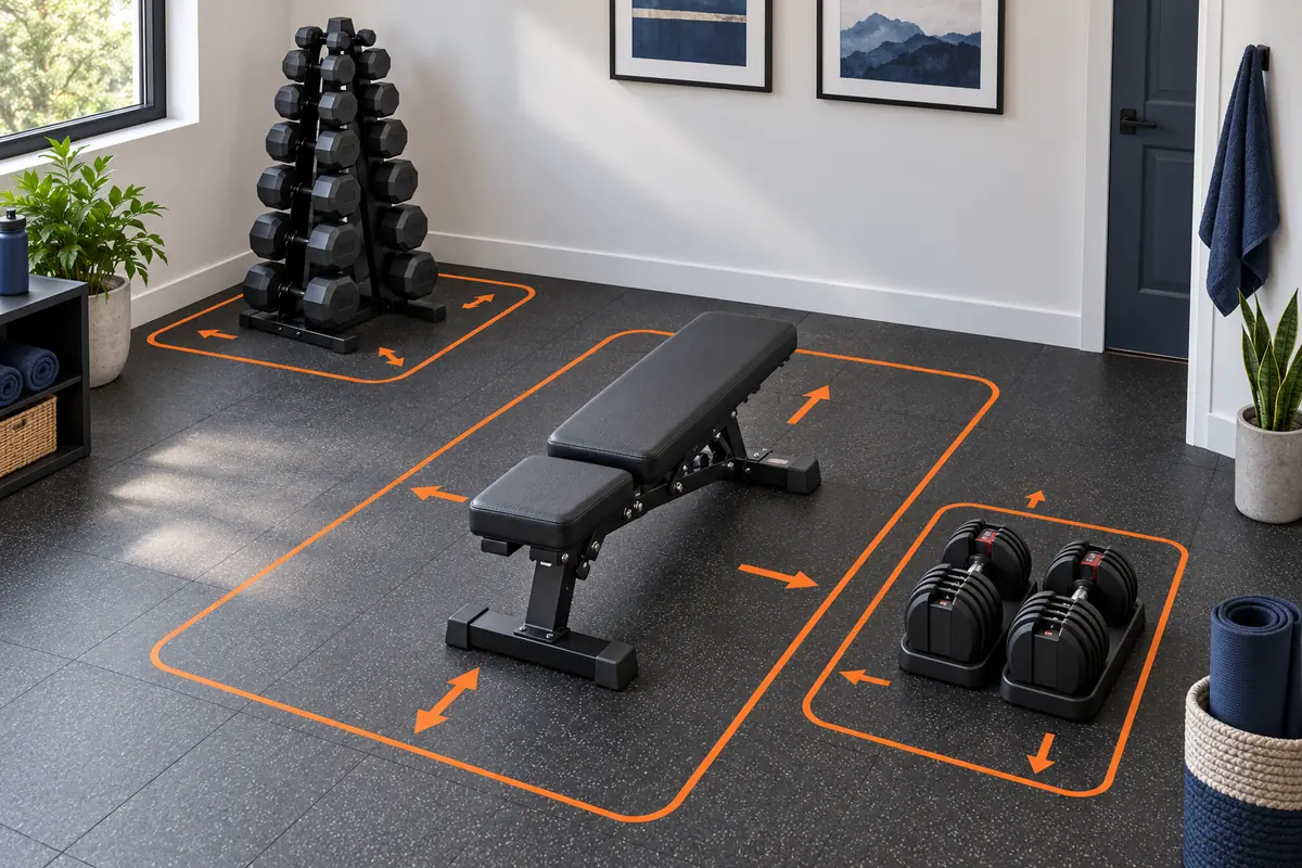 Measured home gym layout with dumbbell rack bench and training clearance