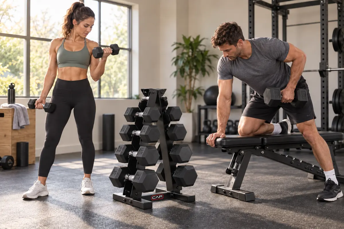 Fixed dumbbell pairs organized on a rack for circuit training