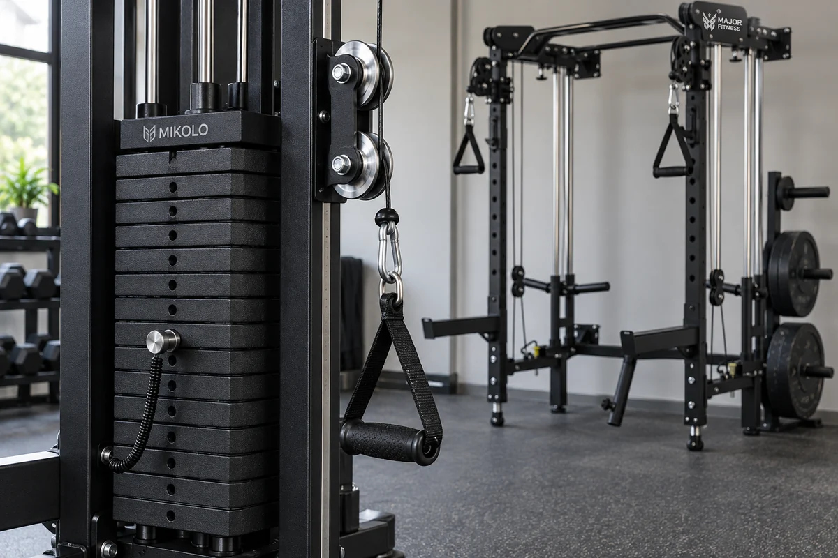 Close-up of cable stack selector, pulley paths, and separately stored weight plates in folding gym setup