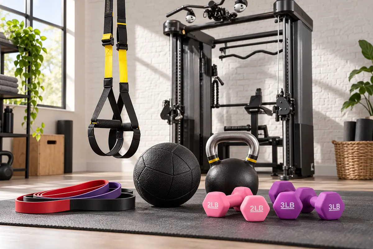 Resistance bands, suspension trainer, and medicine ball for functional training