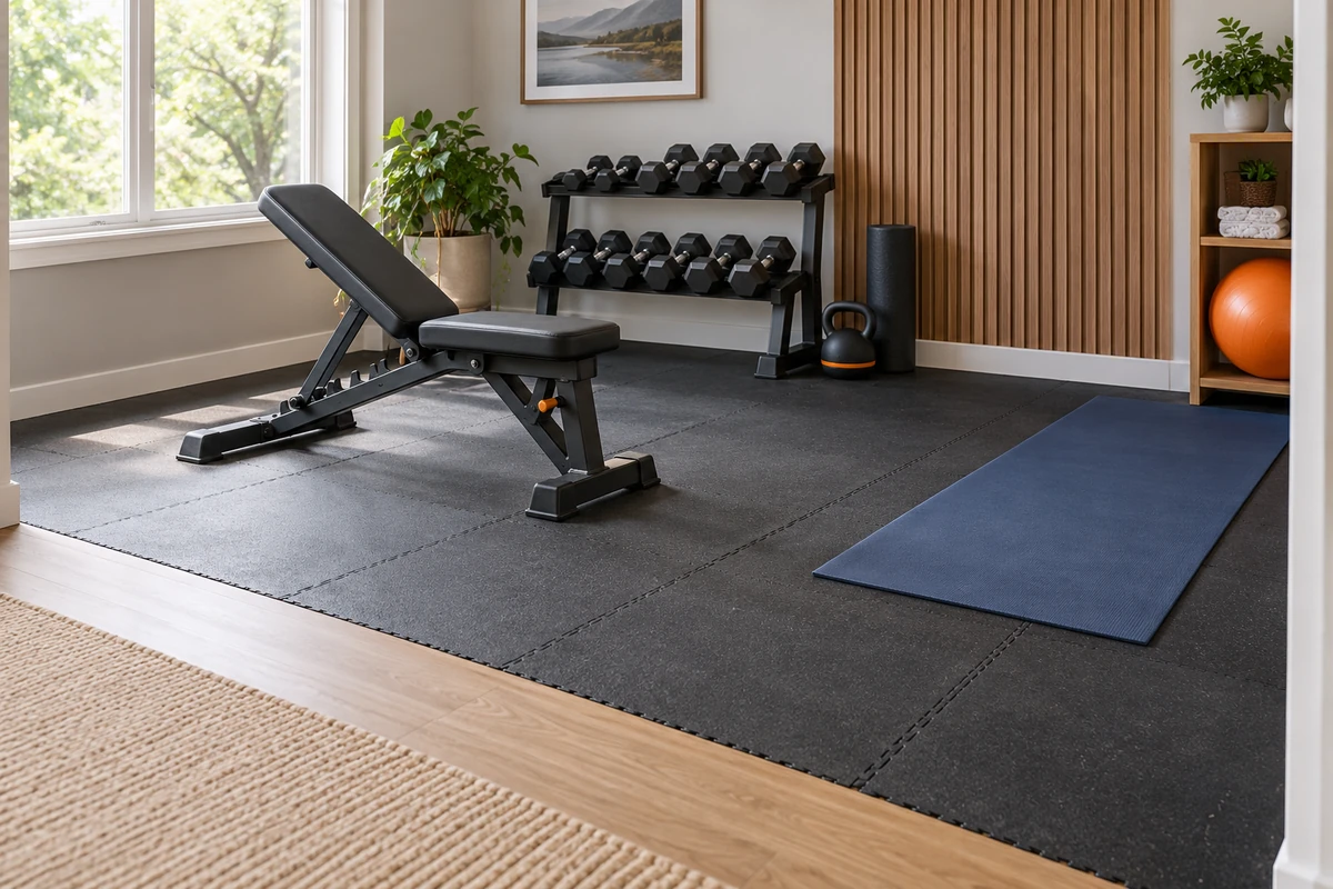 Rubber flooring and exercise mat defining a safe beginner home gym training zone
