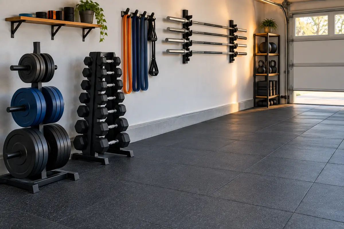 Home gym flooring and organized vertical equipment storage