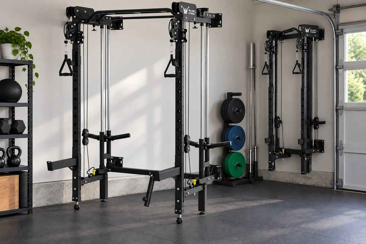 Major Fitness F35 folding power rack with plate-loaded dual cable pulleys shown open and folded