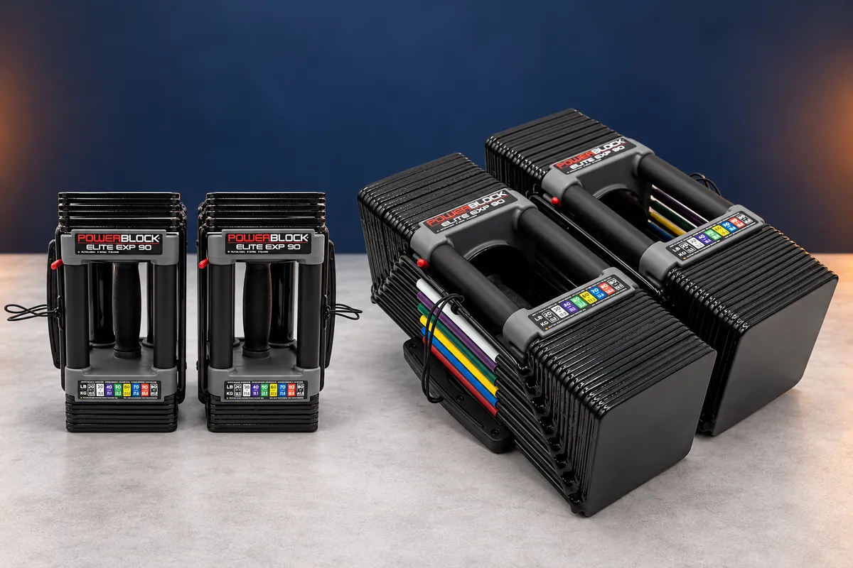 PowerBlock Elite EXP base dumbbells beside compatible Stage 2 and Stage 3 expansion kits