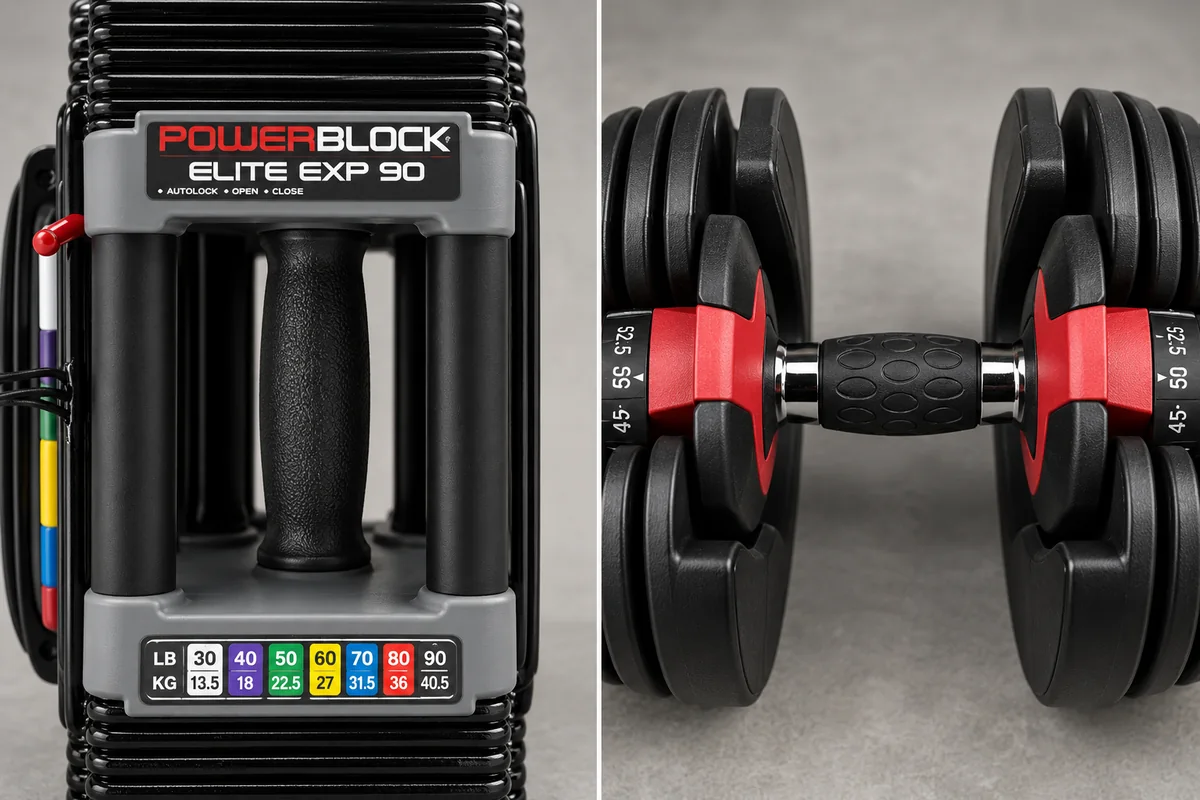 Close-up comparison of the PowerBlock Elite EXP enclosed handle and the open grip of a legacy BowFlex SelectTech 552