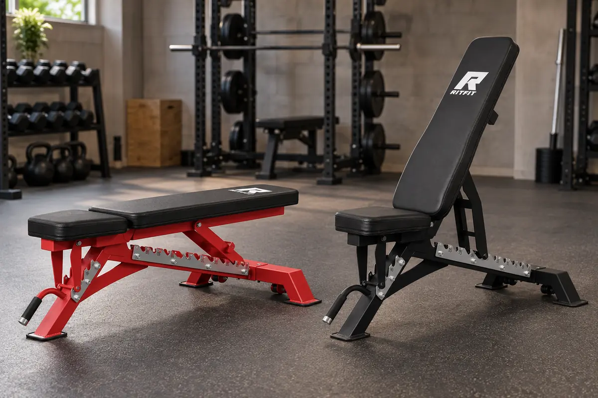 RitFit BWB01 adjustable weight bench shown in flat and upright positions