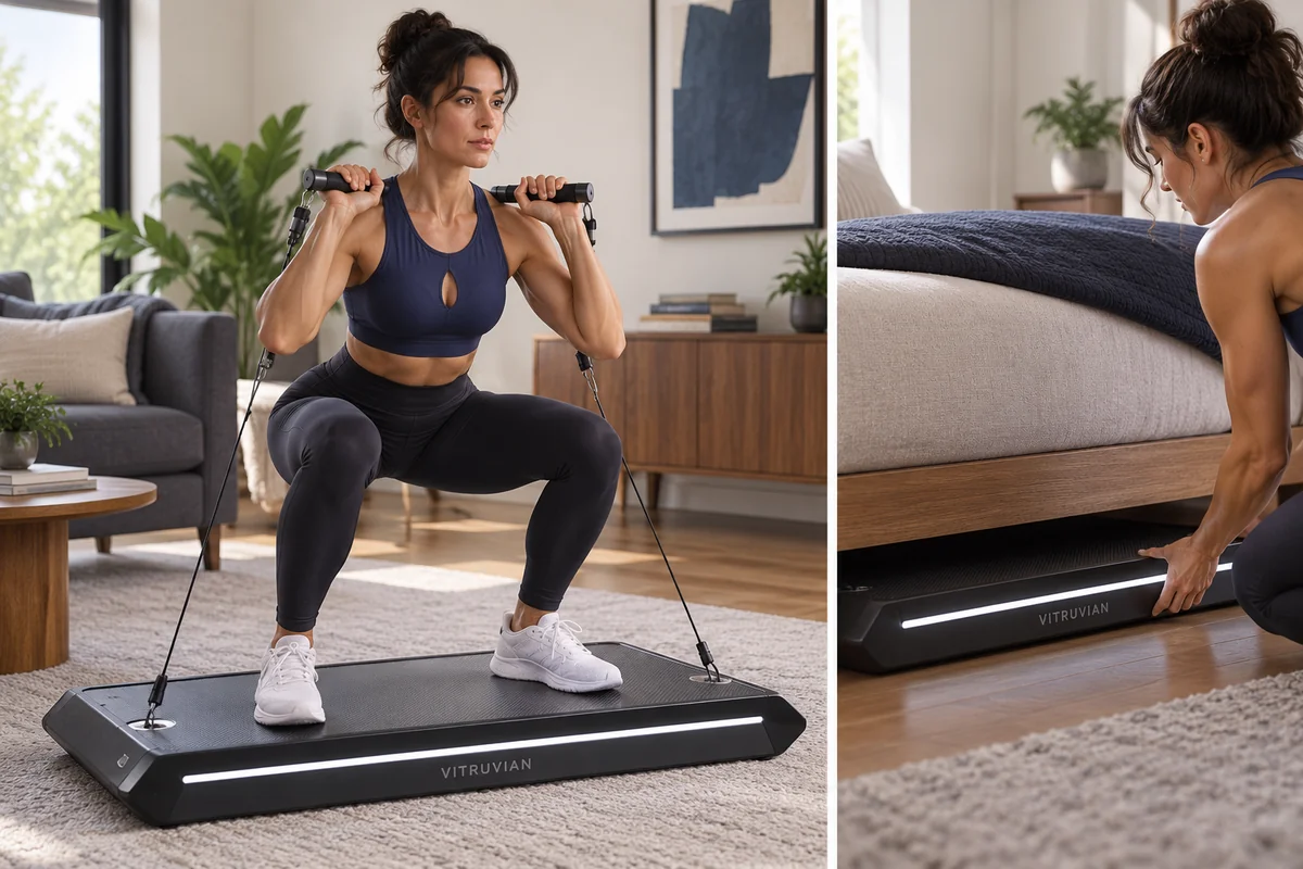 Vitruvian Trainer Plus platform used for strength training and rolled into storage