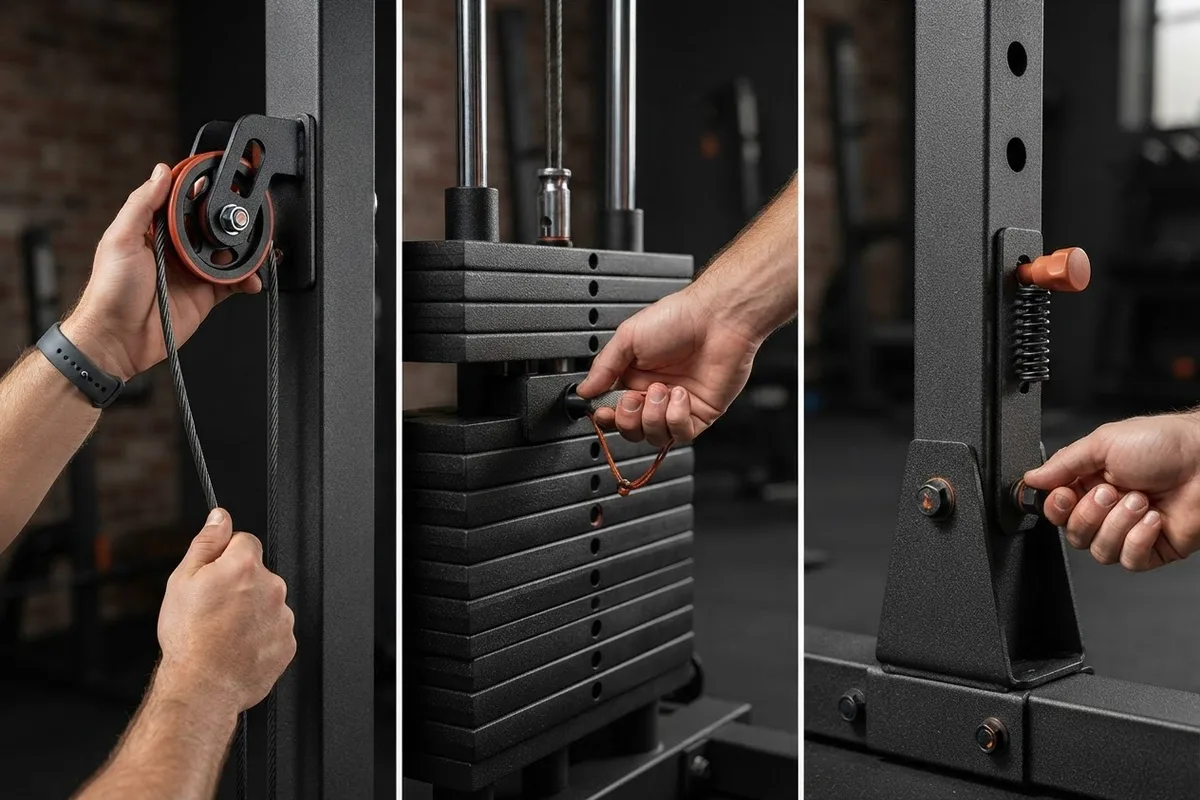 Safety inspection of home gym cables pulleys bolts pins and frame