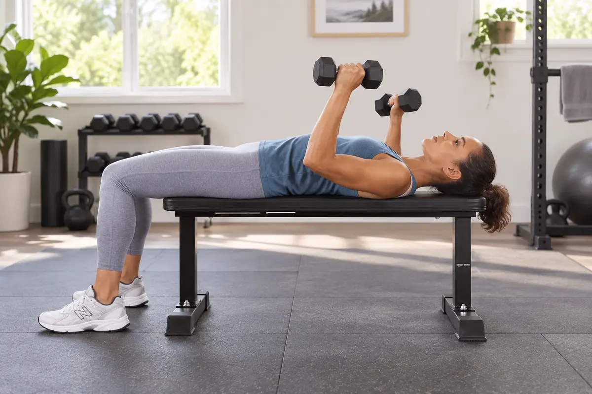 Amazon Basics sturdy flat weight bench in a compact dumbbell training area