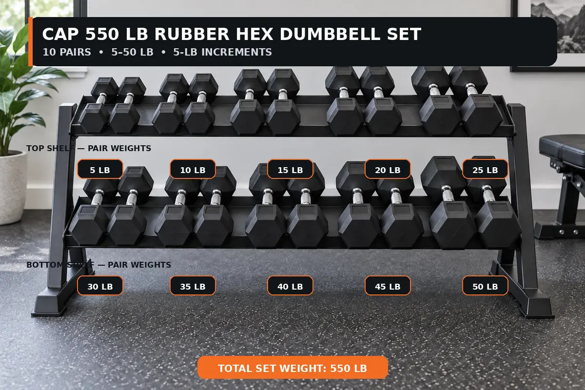 CAP 550-lb Rubber Hex Dumbbell Set