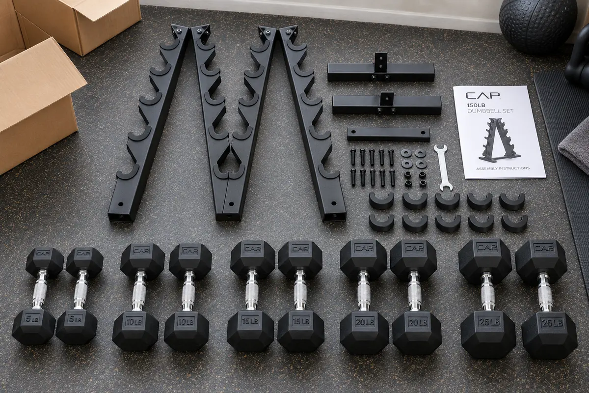 CAP dumbbells, rack parts, and hardware arranged for delivery and assembly inspection