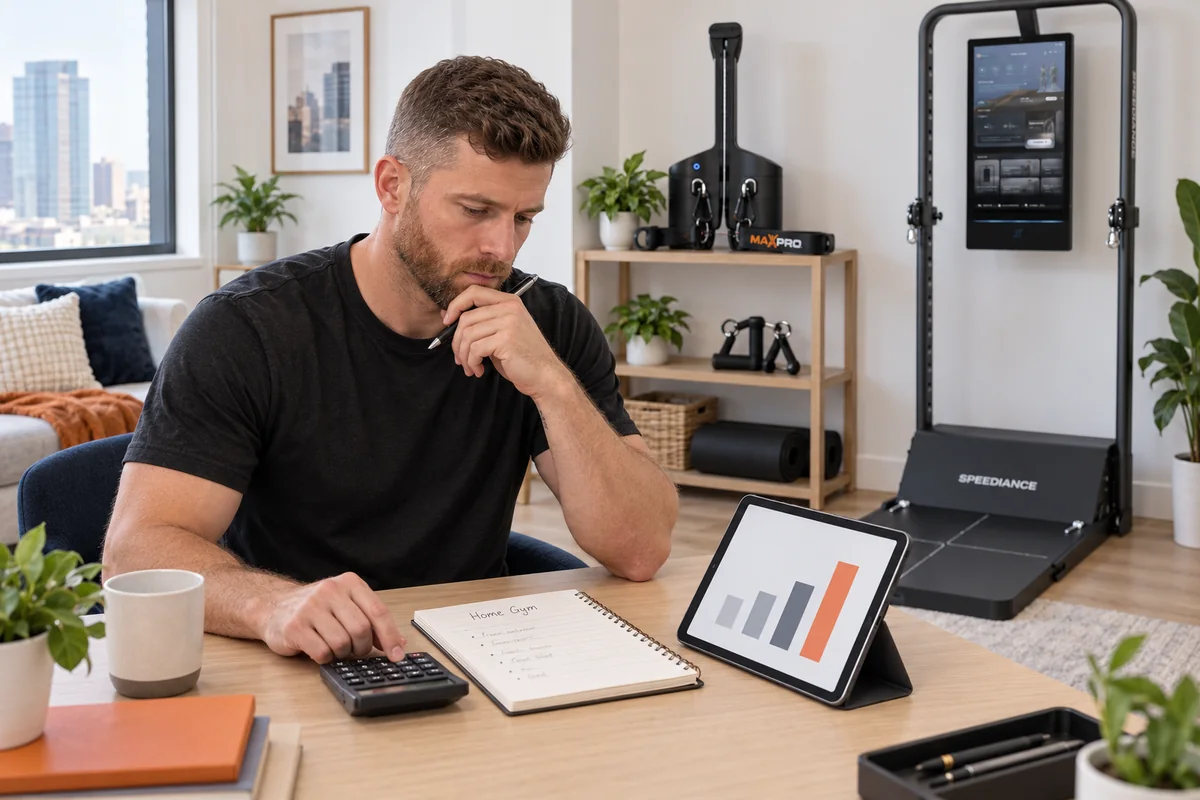 Notebook and tablet comparing home gym purchase, installation, accessories, subscription, and storage costs