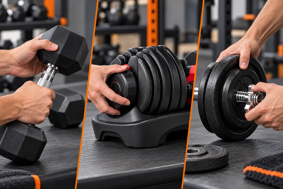 Hands checking dumbbell head attachment selector lock and plate collar