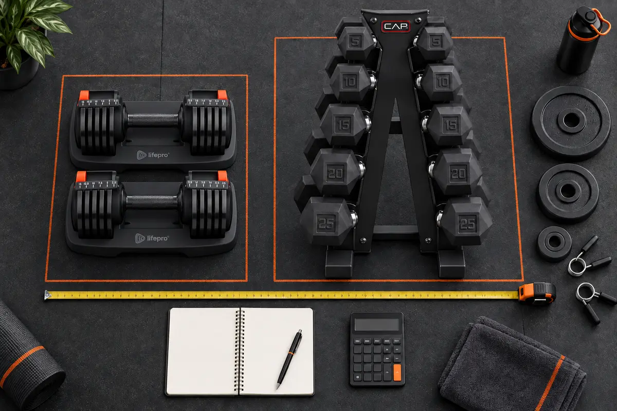 Home gym planning layout comparing dumbbell cost, weight range, and future expansion