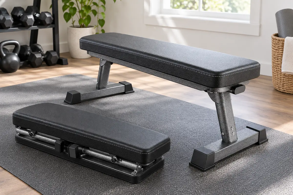 Finer Form foldable flat weight bench with its legs folded beneath the continuous pad